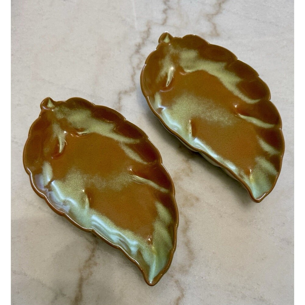 Frankoma 225 MBM Leaf Ceramic Tray Set of 2 Brown/Green Drip Glaze 9in